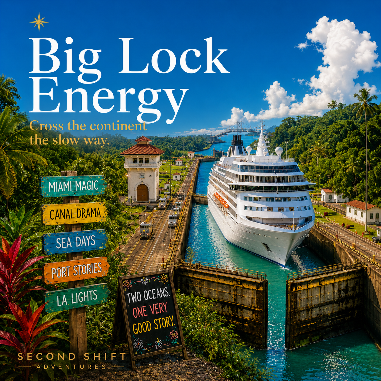 A cruise ship passing through the locks at the Panama Canal, with lush green hills, a bridge, and vibrant signage in the foreground that reads 'Miami Magic,' 'Canal Drama,' 'Sea Days,' and 'Port Stories.'
