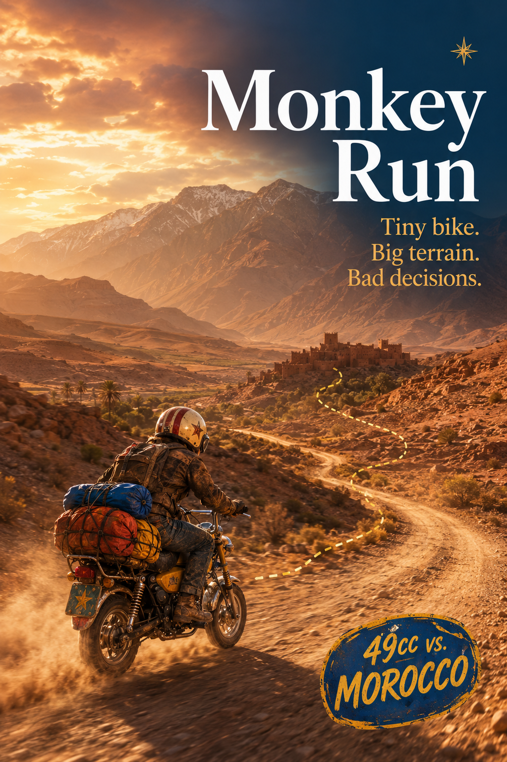 A motorcyclist riding on a dusty mountain trail at sunset in a desert landscape with mountains and a castle in the distance, promoting a motorcycle trip or adventure in Morocco.