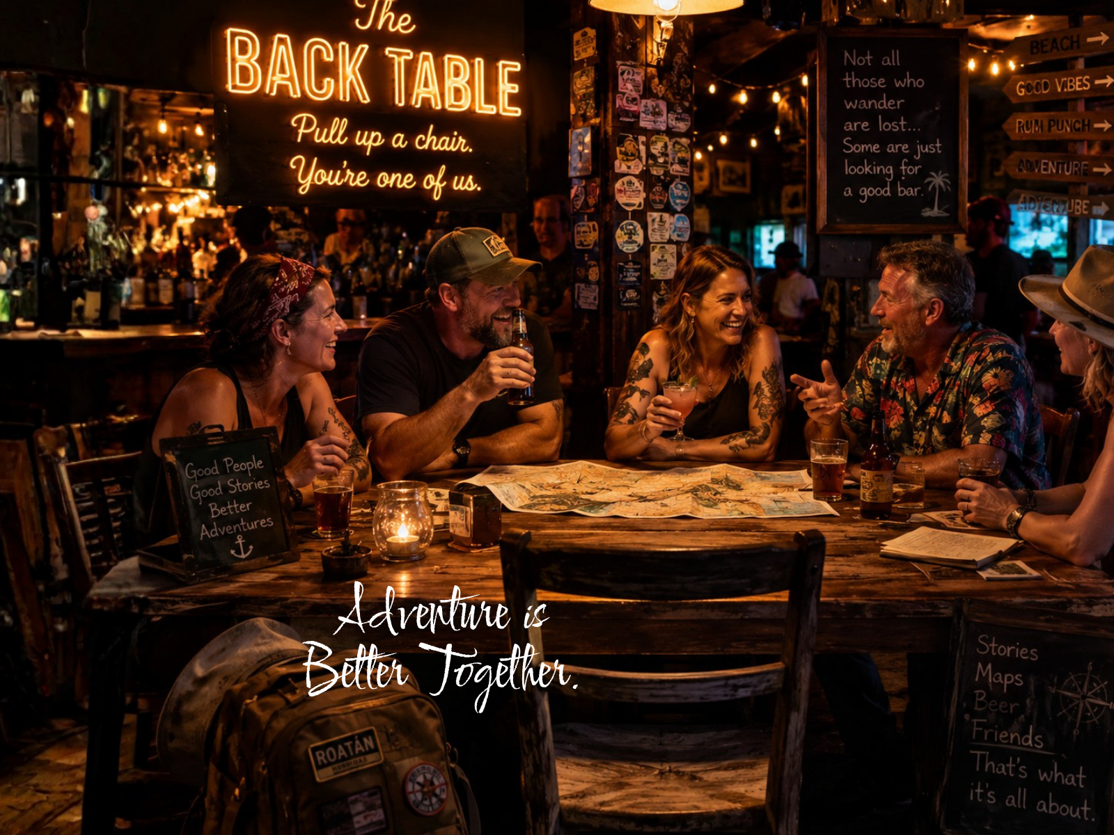 A group of five people sitting around a wooden table in a cozy bar, enjoying drinks and chatting, with warm lighting and various signs and decorations on the walls, including a neon sign that says 'The Back Table. Pull up a chair, You're one of us.' and a chalkboard with a message about wandering and looking for a good bar.