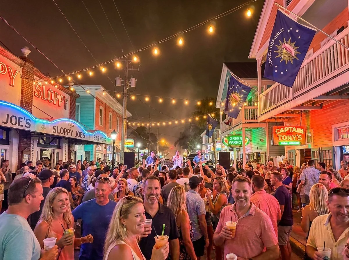 Crowd of people enjoying live music and drinks on a lively street at night with string lights, flags, and neon signs.
