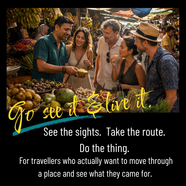 A diverse group of tourists at a bustling outdoor market, interacting with a vendor and looking at fresh produce, with colorful stalls and other shoppers in the background. go see it go live it tours.