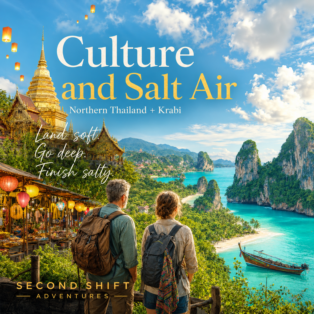 Travel advertisement showcasing scenic coastal views of northern Thailand and Krabi with two travelers overlooking a lush landscape, traditional Thai architecture, and a market with lanterns.