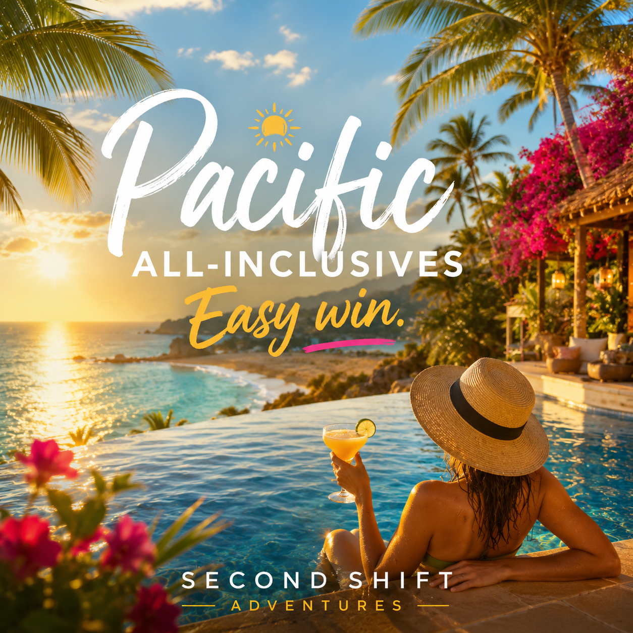 A woman in a large sun hat relaxing in an infinity pool overlooking a sunset on the beach with palm trees and tropical plants, holding a cocktail with a lime wedge.