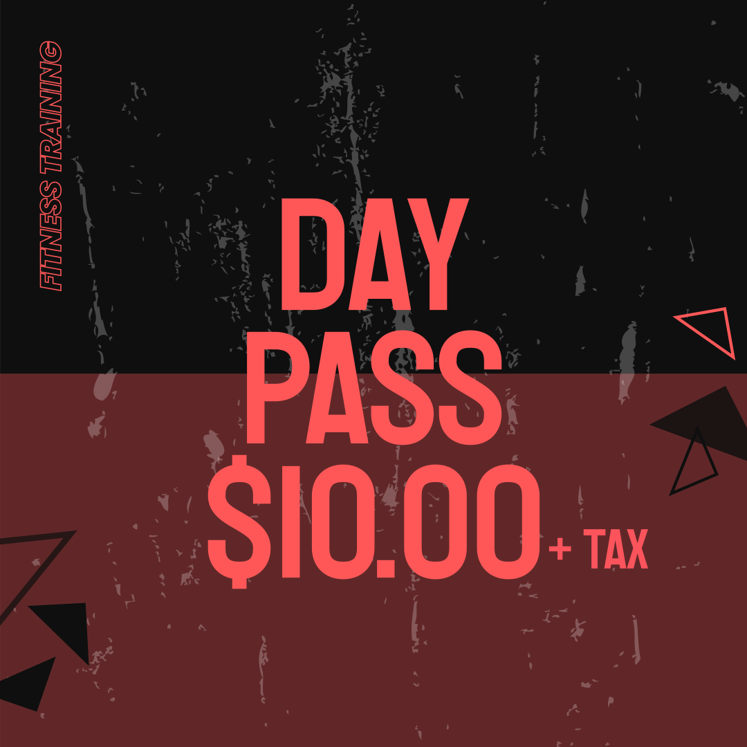Fitness training pass priced at $10.00 plus tax with a black and dark red background, geometric shapes, and bold red text.