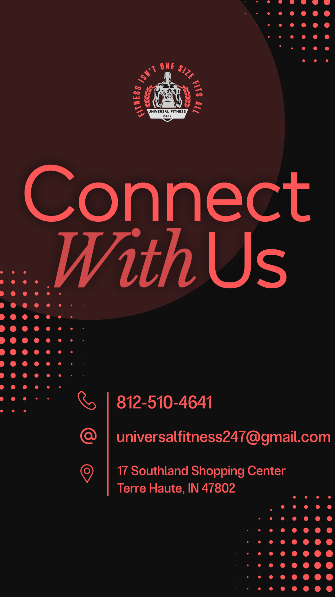 A promotional graphic for Universal Fitness featuring a black background with red accents, the company's logo with a muscular human figure, and the slogan "Fitness Isn't One Size Fits All." Contact information including phone number, email, and physical address is displayed.