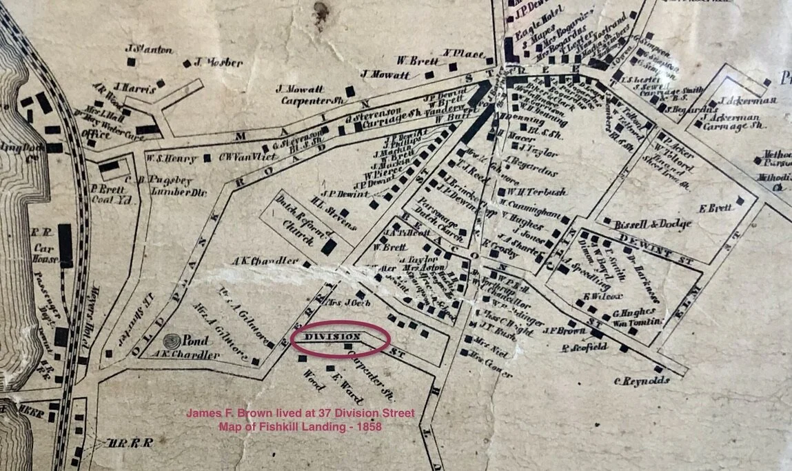 James Brown lived at 37 Division Street. His home was approximately 1.5 miles to Mount Gulian.  Division Street is now Rombout Avenue.
