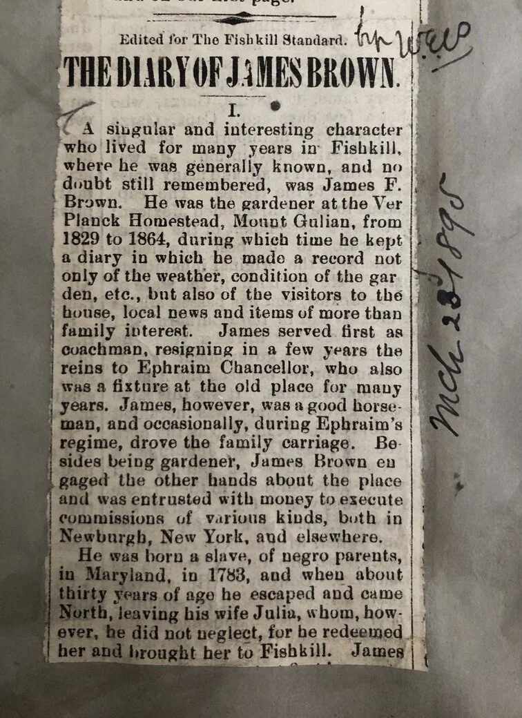 Brown’s diaries and a biographical sketch was featured in the Fishkill Standard newspaper in 1895.  Here is a clipping from a scrapbook in the BHS archives.