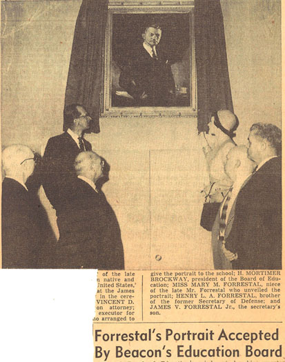 Mary Forrestal, niece of James Forrestal, unveils her uncle's portrait hanging in the cafeteria of Forrestal School