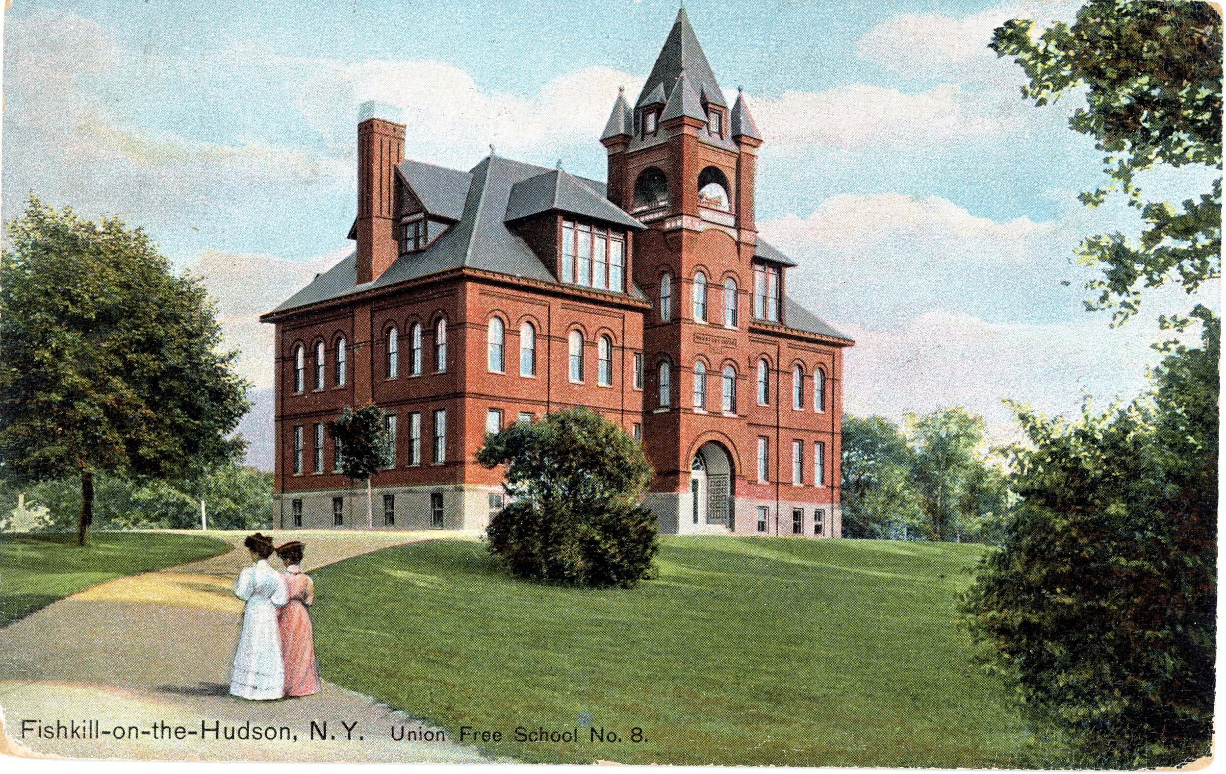 Opened in 1891 with 12 classrooms and a huge assembly room, the Fishkill Union Free School welcomed 438 students from primary, grammar, and other academic departments. Fire destroyed the building in January 1928. Within a year, a new structure took i