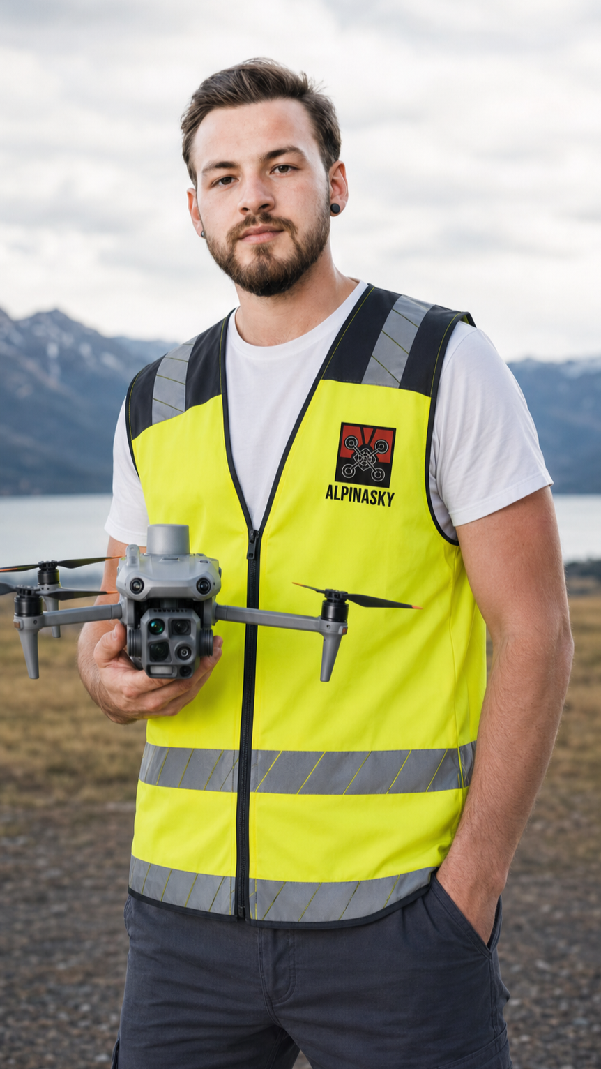 A man wearing a yellow safety vest with an Alpinisky logo, holding a drone outdoors with mountains and water in the background.