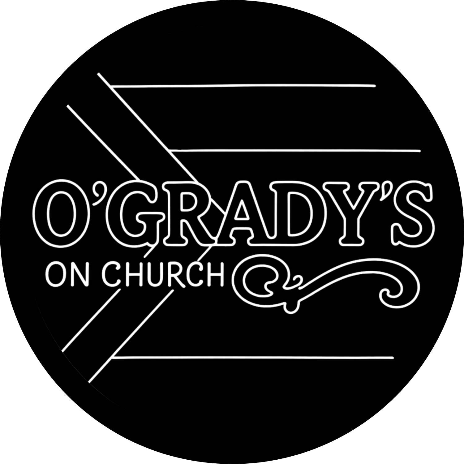 Neon sign with the text 'O'Grady's on Church' and a stylized arrow and decorative flourish in white outline on a black background.