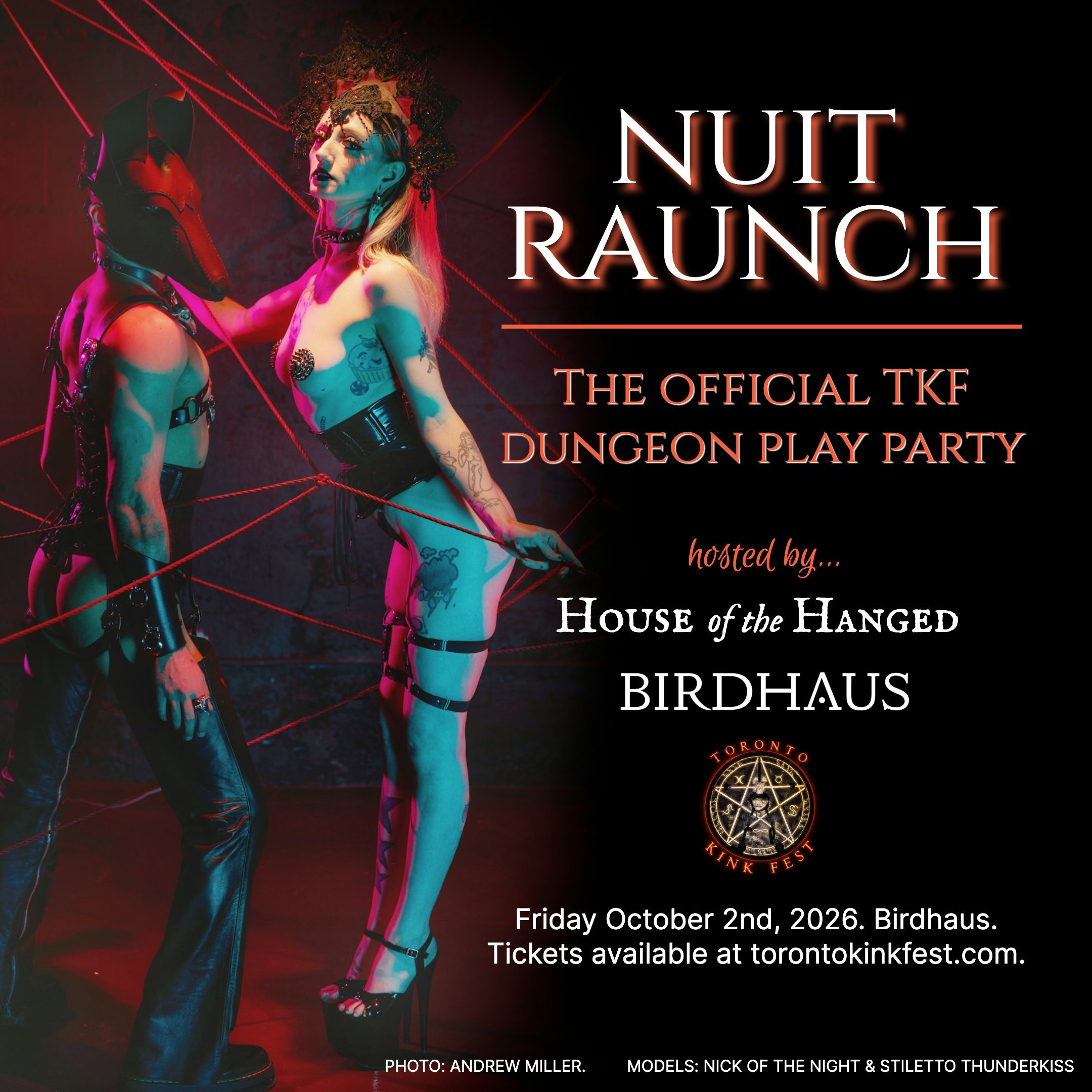 Promotional poster for a dungeon-themed programming event featuring models Nick of the Night and Stiletto Thunderkiss, hosted by Birdhaus, with a date of October 2, 2026. The background shows two models in dark, revealing outfits, one with a nurse costume and the other with a devil costume, in a red-lit setting.