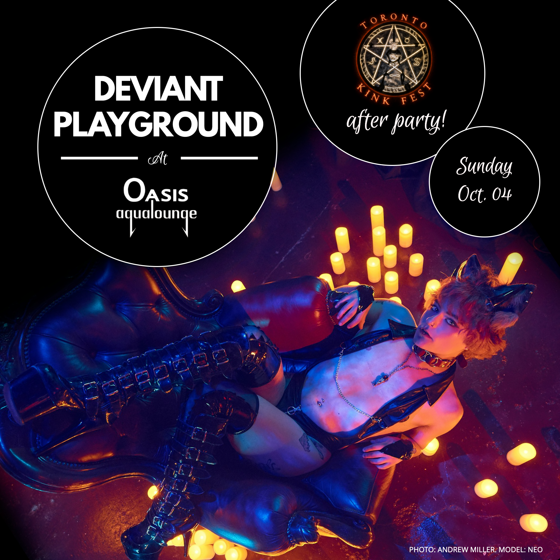 A Halloween party scene with a person lying on a dark sofa, surrounded by glowing yellow candles, wearing shiny black clothing and a chain necklace, set against a dark background with circular event labels indicating a party at Oasis and an event called Toronto Kink Fest after party on October 4th.