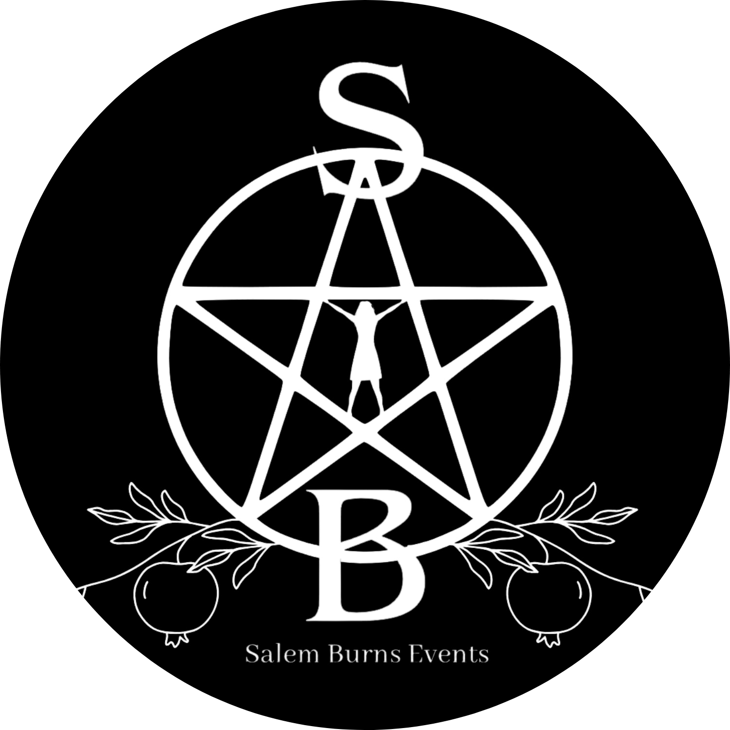 A black background with a white pentagram and a circle around it. Inside the pentagram is a silhouette of a person with arms outstretched, resembling Jesus on a cross. An uppercase 'S' is at the top, and the text 'Salem Burns Events' is at the bottom, with decorative branches and cherries surrounding the design.
