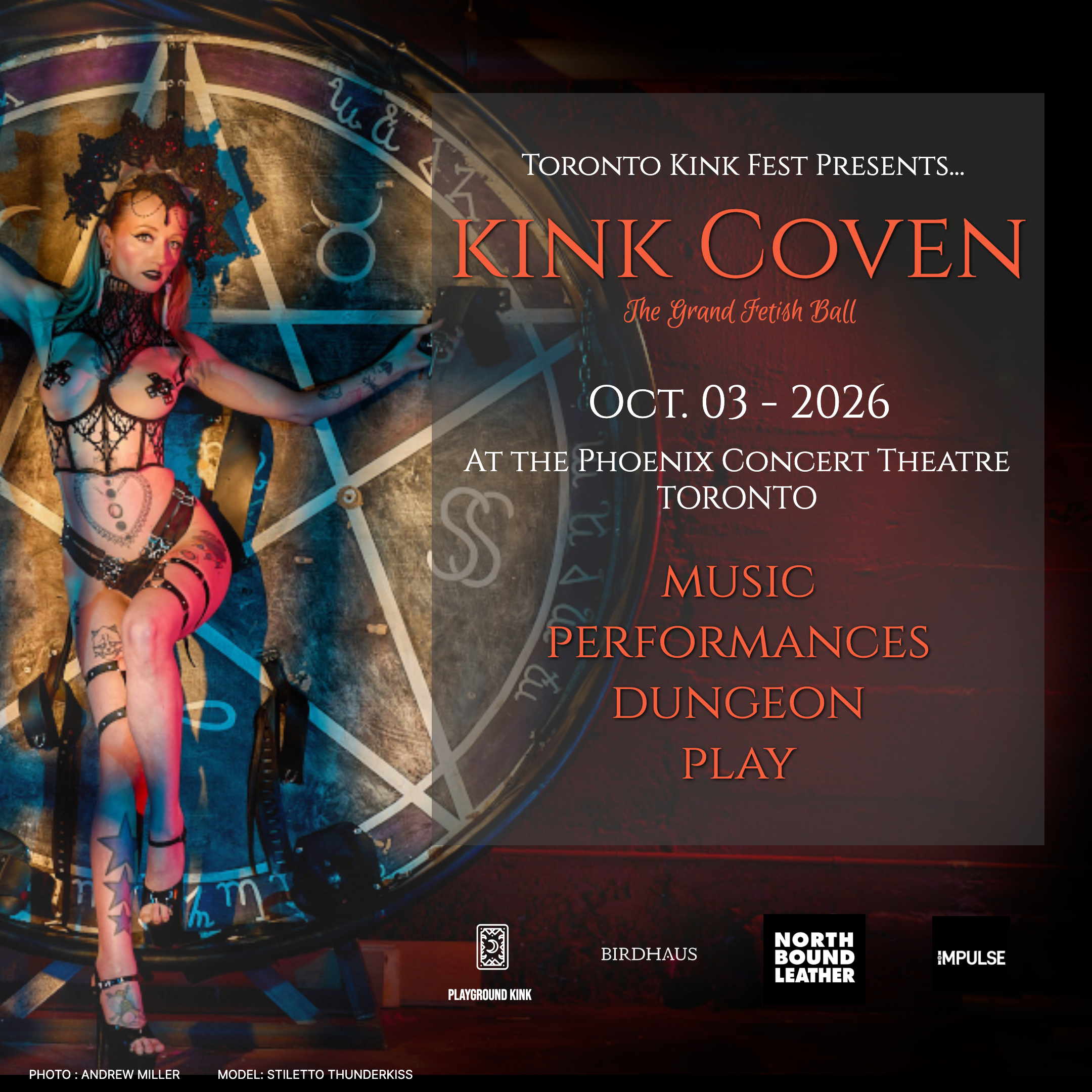 A promotional poster for Toronto Kink Fest featuring a woman in fetish attire with tattoos, standing in a dungeon-themed environment with occult symbols and a large tarot card in the background. The event is scheduled for October 3, 2026, at the Phoenix Concert Theatre in Toronto, and includes music, performances, and a costume dungeon.