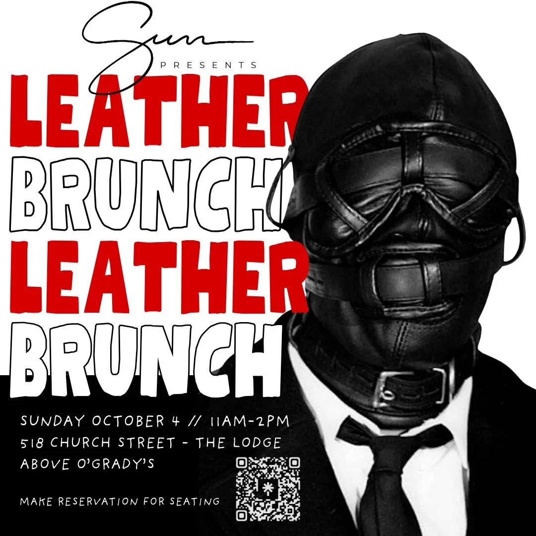 Black leather mask with goggles and a nose cover worn by a person in a suit with a tie, on a promotional poster for a leather brunch event.