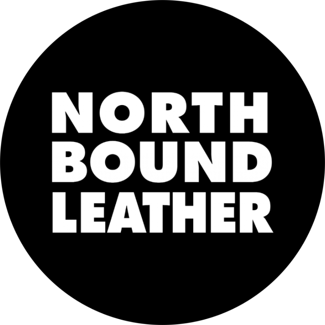 Text reading 'North Bound Leather' in bold white letters on a black background