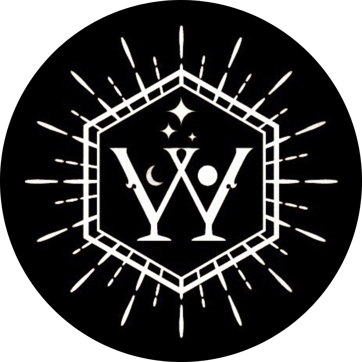 A black background with a white graphic featuring a hexagon shape, a star, and the letters V, Y, W, with decorative lines and sparkles.