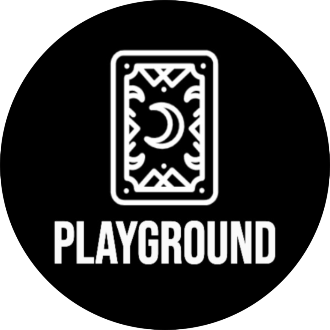 A black background with a white tarot card design featuring a crescent moon, surrounded by decorative patterns, and the word 'PLAYGROUND' in bold capital letters below.