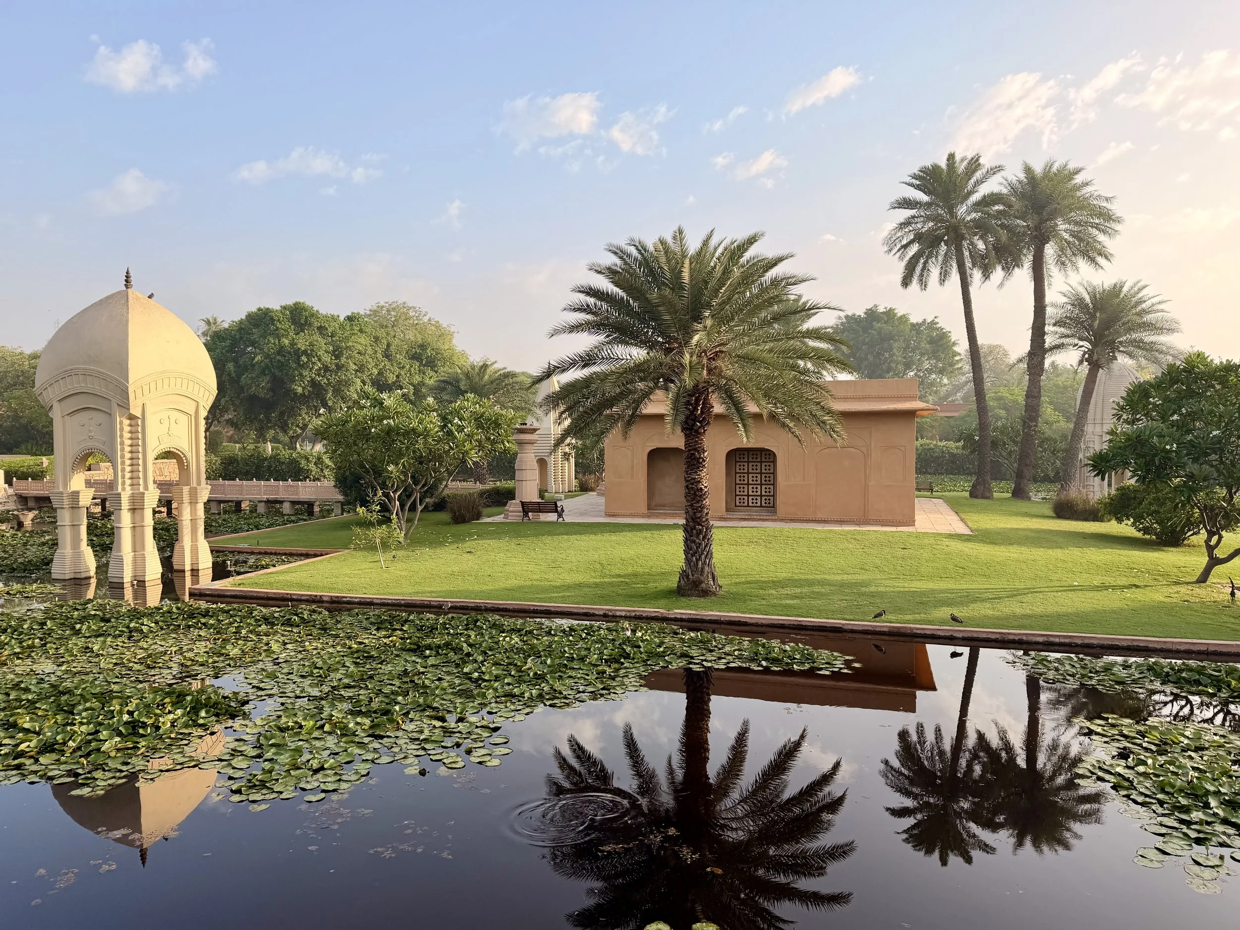 A serene garden scene featuring a pond covered with lily pads, a small pavilion, lush green trees, and tall palm trees, with a building in the background under a clear sky.