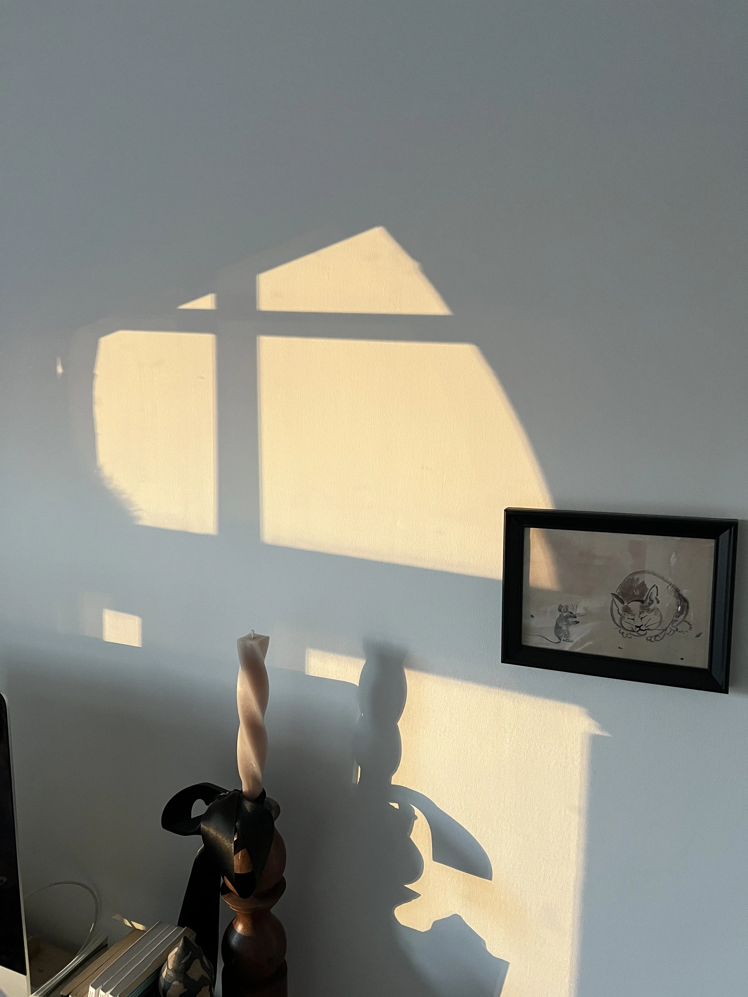 Sunlight casts shadows of a framed picture and a sculpture on a light-colored wall. The sculpture appears to be abstract, made of dark and light material. The framed picture depicts a black and white drawing of a dog and a cat.