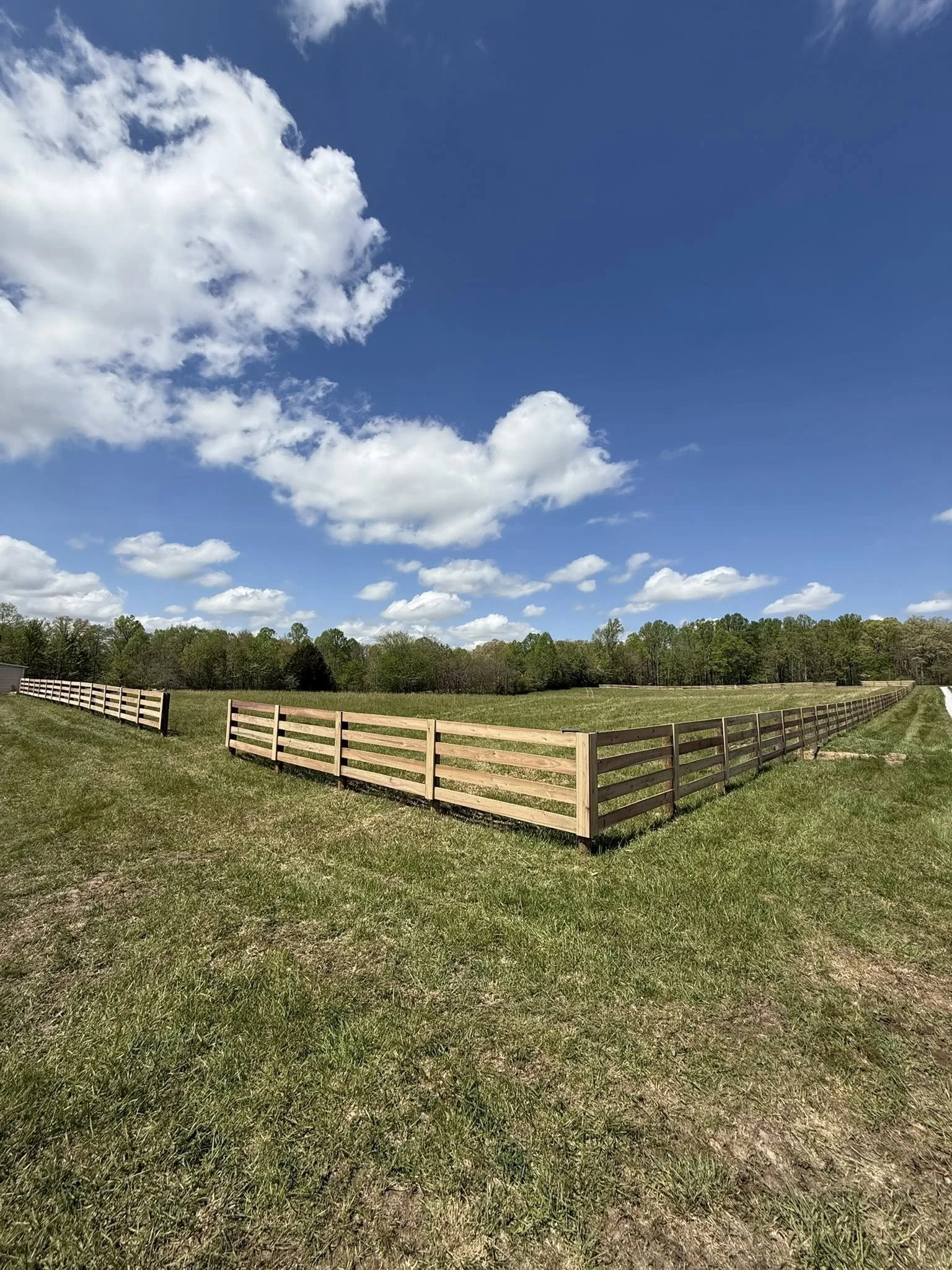 Open grassy area with a wooden fence and a line of trees in the background under a partly cloudy blue sky.