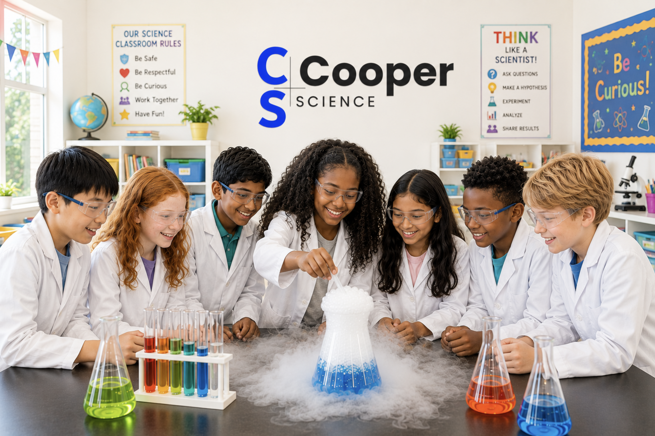 Group of kids doing a science experiment with chemicals
