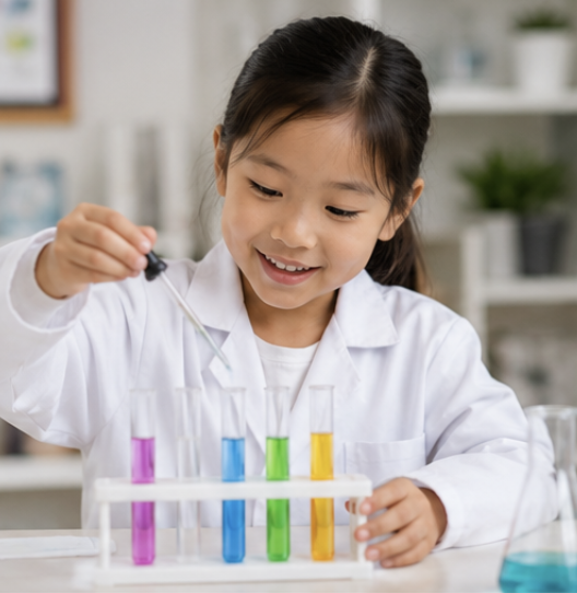 Girl in white lab coat doing chemical experiments