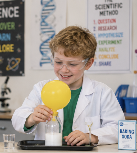 Boy in white lab coat doing chemical experiments with balloon and bottle