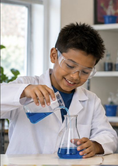 Boy in white lab coat doing chemical experiments