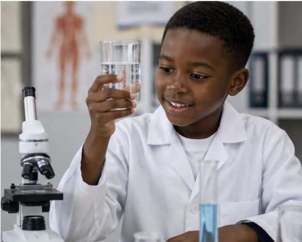 Kid in a white lab coat holding a beaker with liquid up