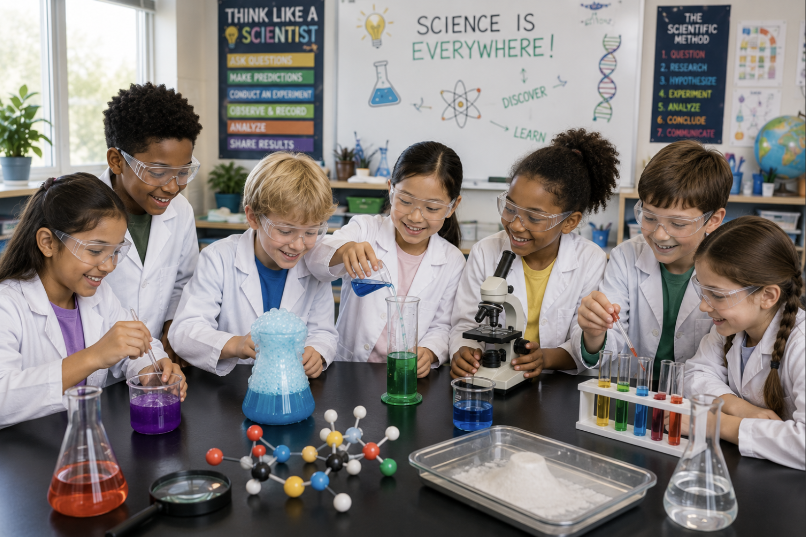 Photo of kids performing multiple science experiments involving chemicals