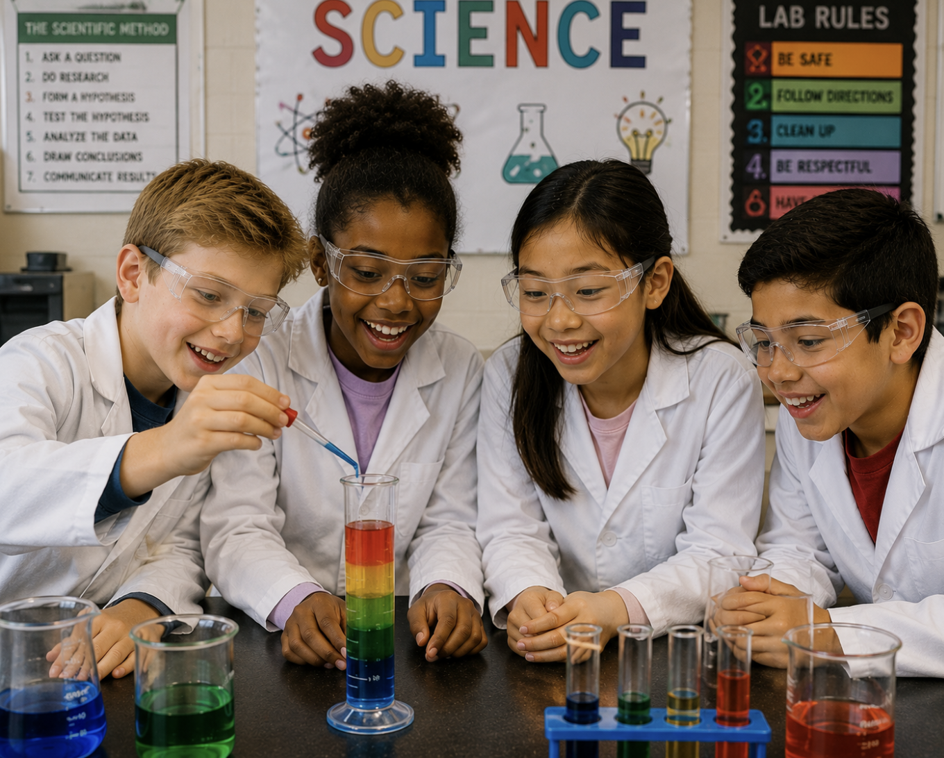 Small group of kids performing an experiment with multi colored liquids