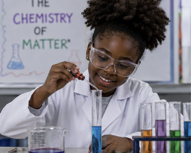 Girl in white lab coat doing chemical experiments