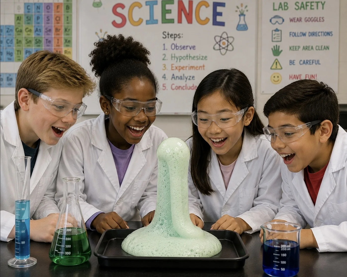Four kids completing science experiment with green elephant toothpaste