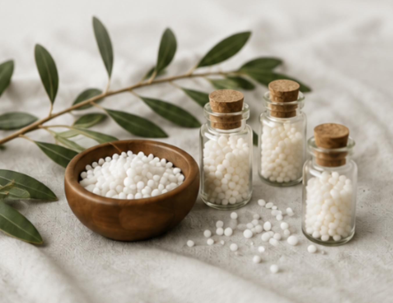 Small glass bottles with cork stoppers containing white probiotic pearls, a wooden bowl filled with similar pearls, and a leafy branch on a light fabric surface.