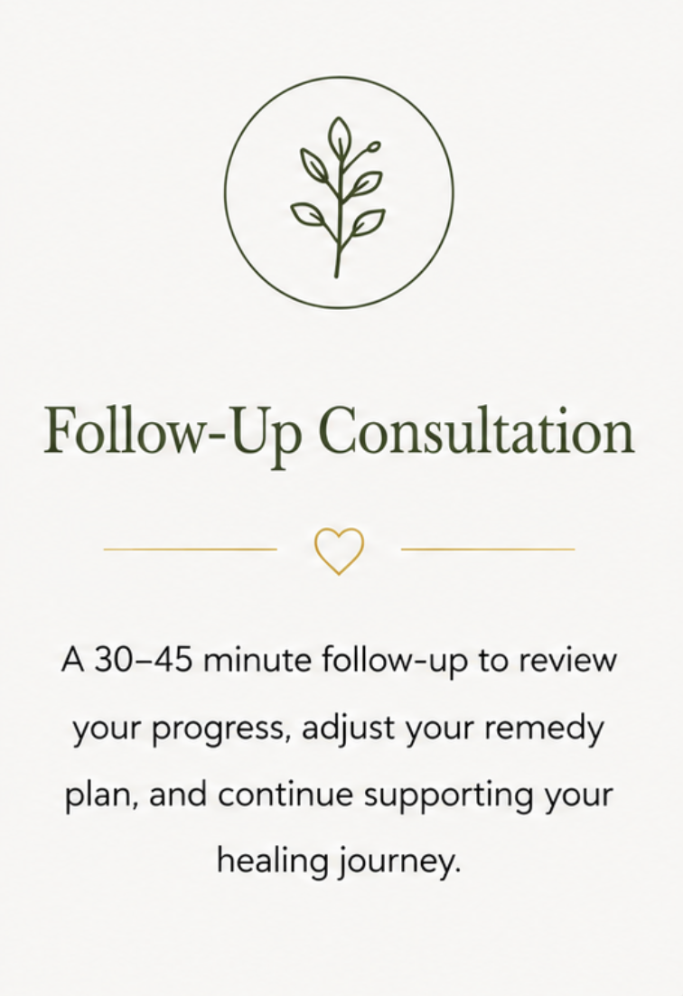 Graphic promoting a follow-up consultation with a minimalist design, featuring a green plant icon inside a circle, a heart icon, and text about reviewing progress and adjusting treatment plans during a 30-45 minute appointment.