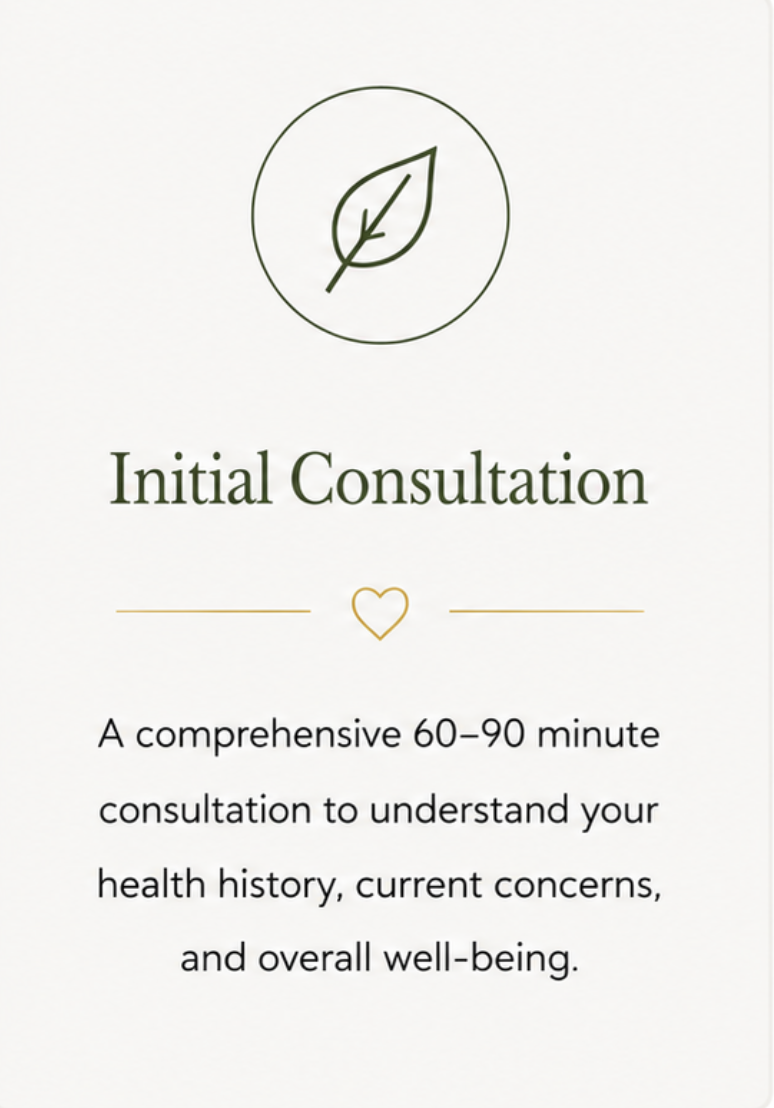 A flyer or brochure for an initial consultation, featuring a leaf icon at the top, the title 'Initial Consultation,' a heart symbol, and a description of a 60-90 minute health history and well-being assessment.