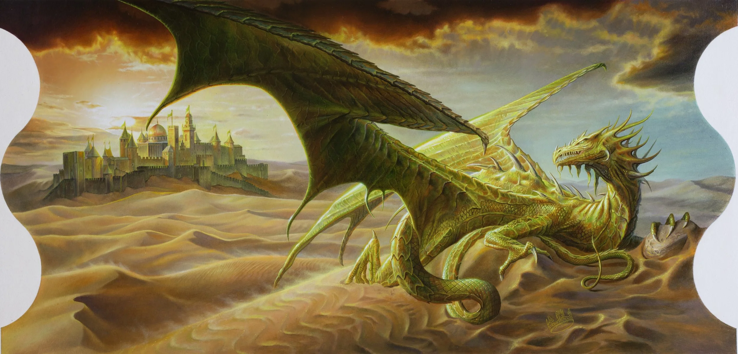 A painted scene of a large green and yellow dragon with wings spread, lying on a sandy desert with a medieval castle in the background under a cloudy sky.