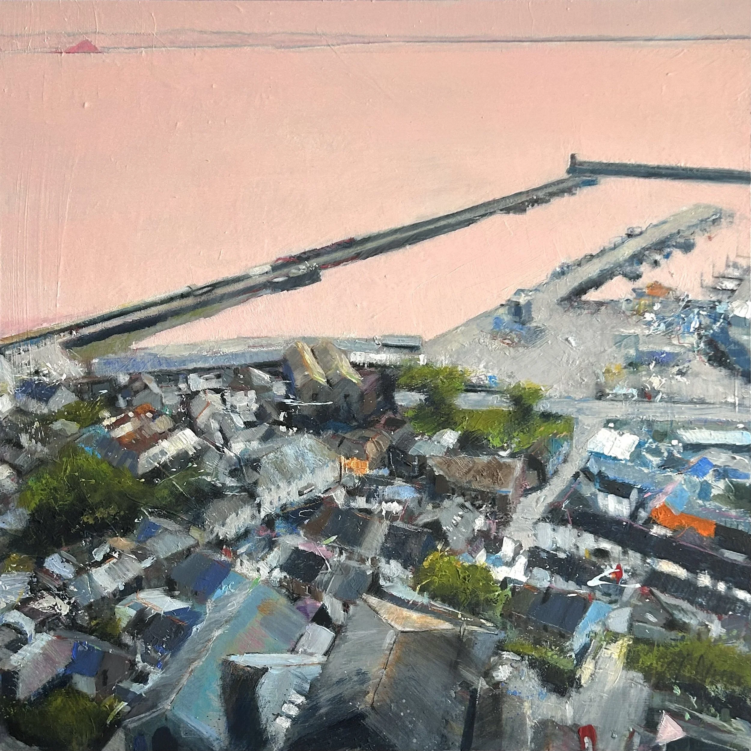 Original mixed media painting of Newlyn Harbour looking towards St Michaels Mount. It is an ariel view looking over rooftops and a pink sea. Exhibited at the Summerhouse Gallery in Marazion, Cornwall in 2025