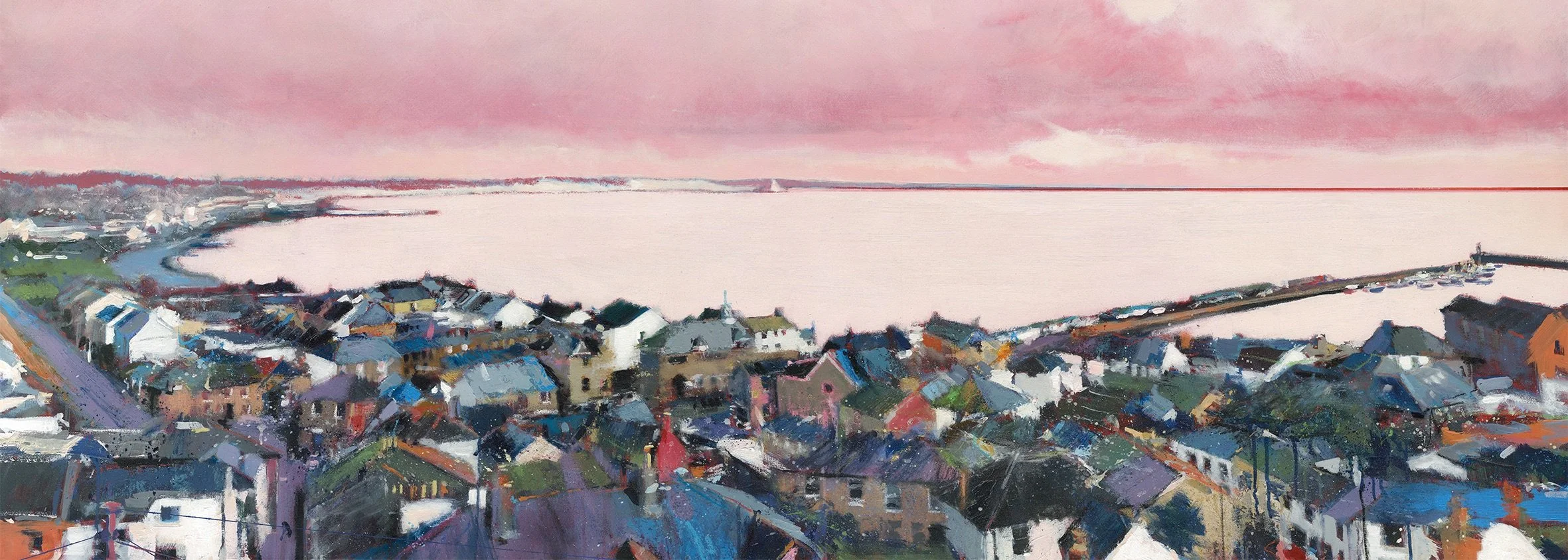 An original painting by Steven Platt, called Mounts Bay, a panoramic view of the bay, his largest work to date, exhibited at the Summerhouse Gallery in Marazion