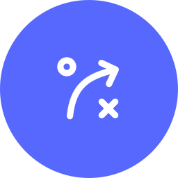 A blue circular icon with a white sports strategy diagram, including a circle, an arrow, and an X.