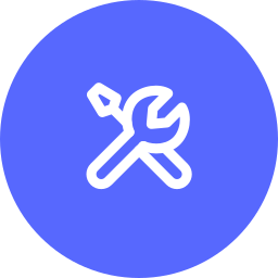 Icon of a wrench and a screwdriver crossed over each other on a blue circular background.