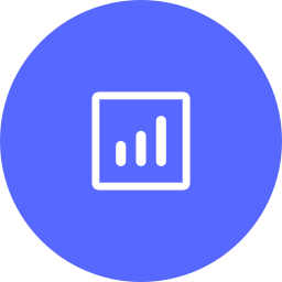 Icon of a bar chart in a square, on a blue circular background.