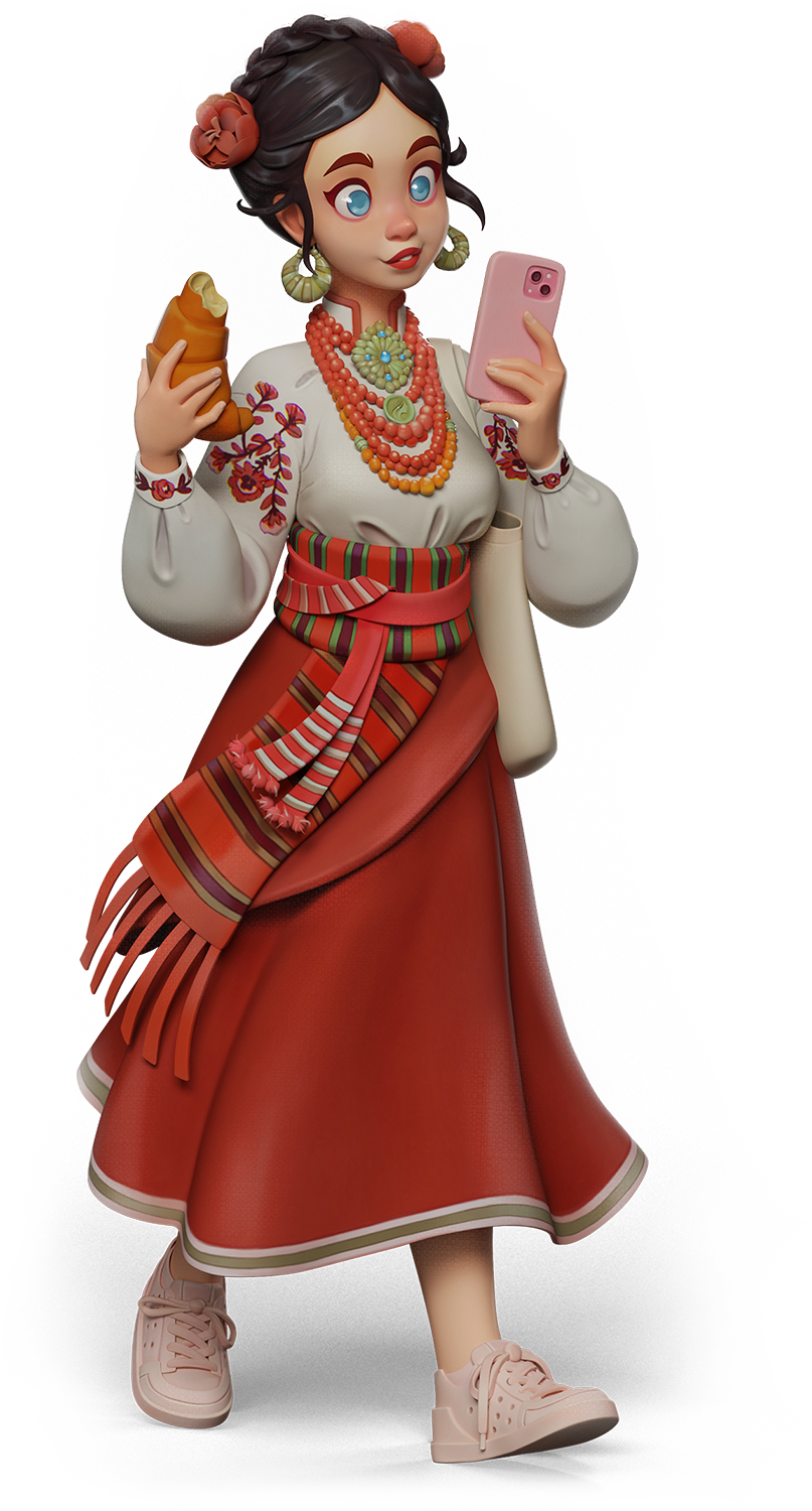 A cartoon woman dressed in traditional Ukrainian attire, with embroidered blouse, red skirt, colorful striped sash, and jewelry, holding a smartphone and a taco.