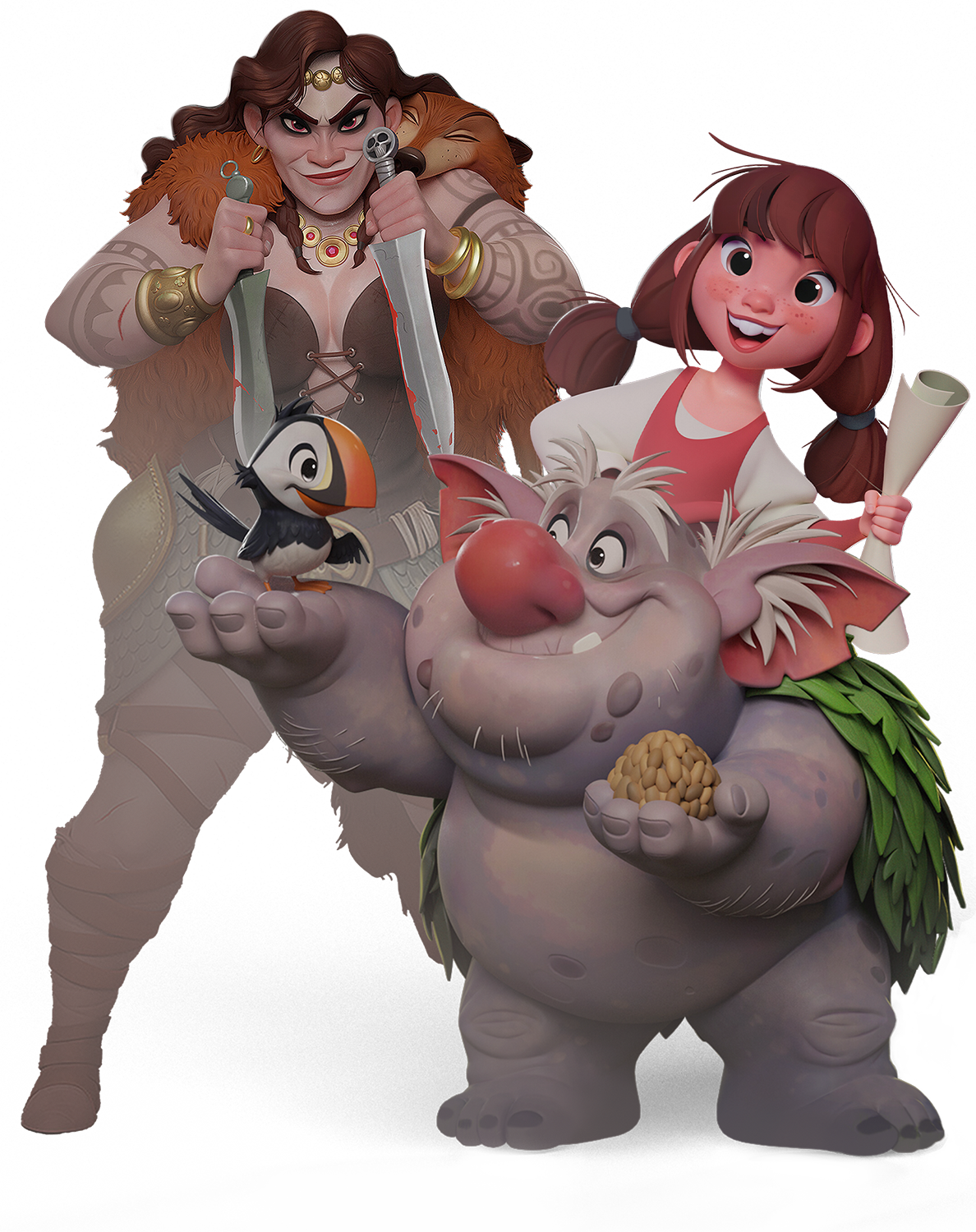 Digital illustration of a diverse cast from animated movies, featuring a muscular man with tribal tattoos holding swords, a young girl with pigtails holding a scroll, a colorful bird standing on the man's hand, a large humorous creature with a big red nose holding food, and a small animal perched on the creature's arm.