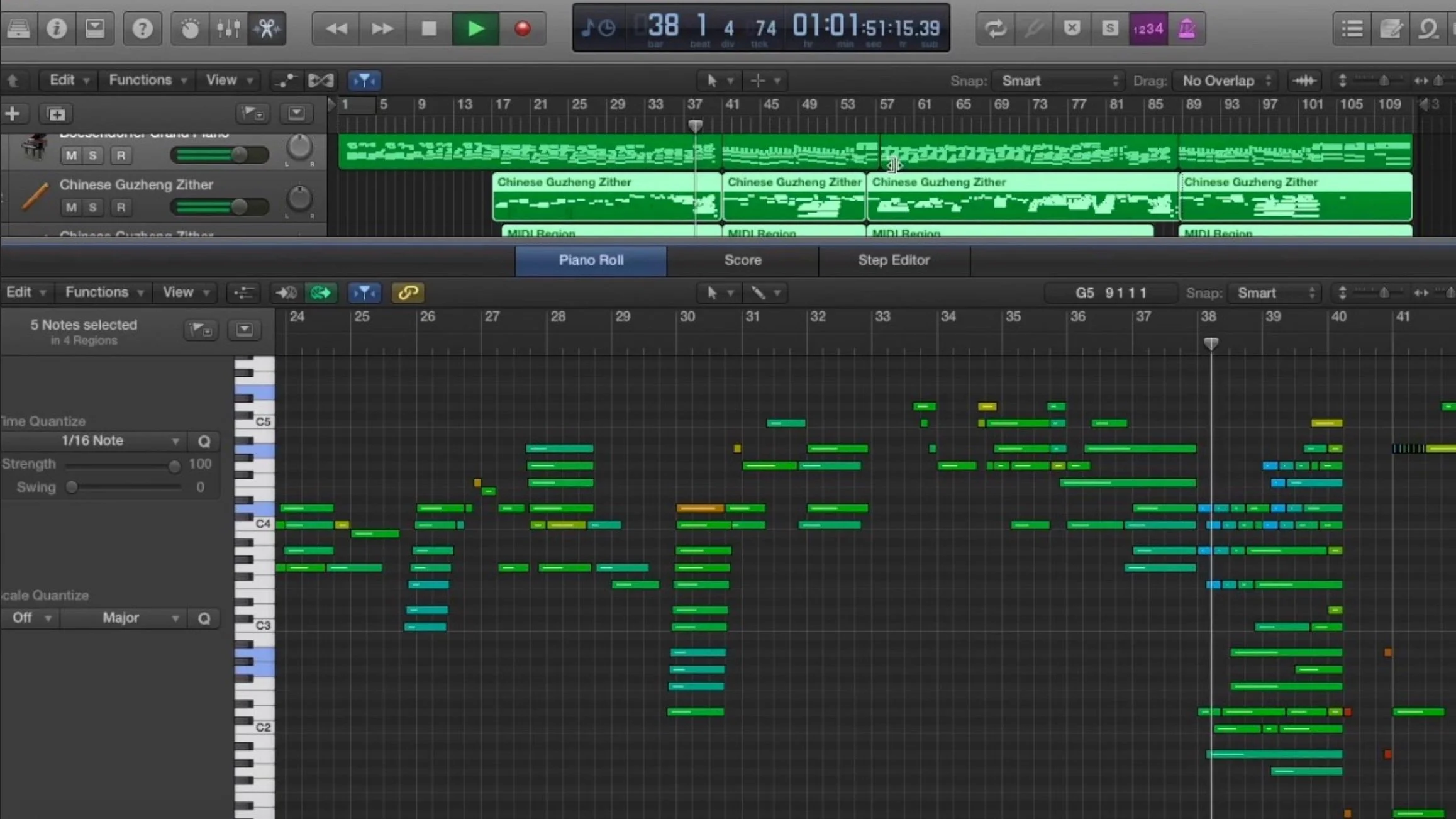 Screenshot of a digital audio workstation (DAW) interface showing musical tracks, MIDI notes, and editing tools for music production.