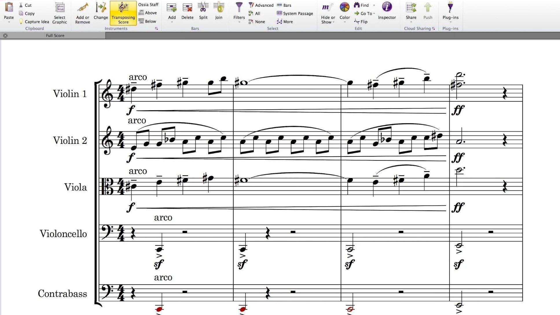A digital screenshot of sheet music featuring parts for violin 1, violin 2, viola, and violoncello, with musical notes and dynamics notations.