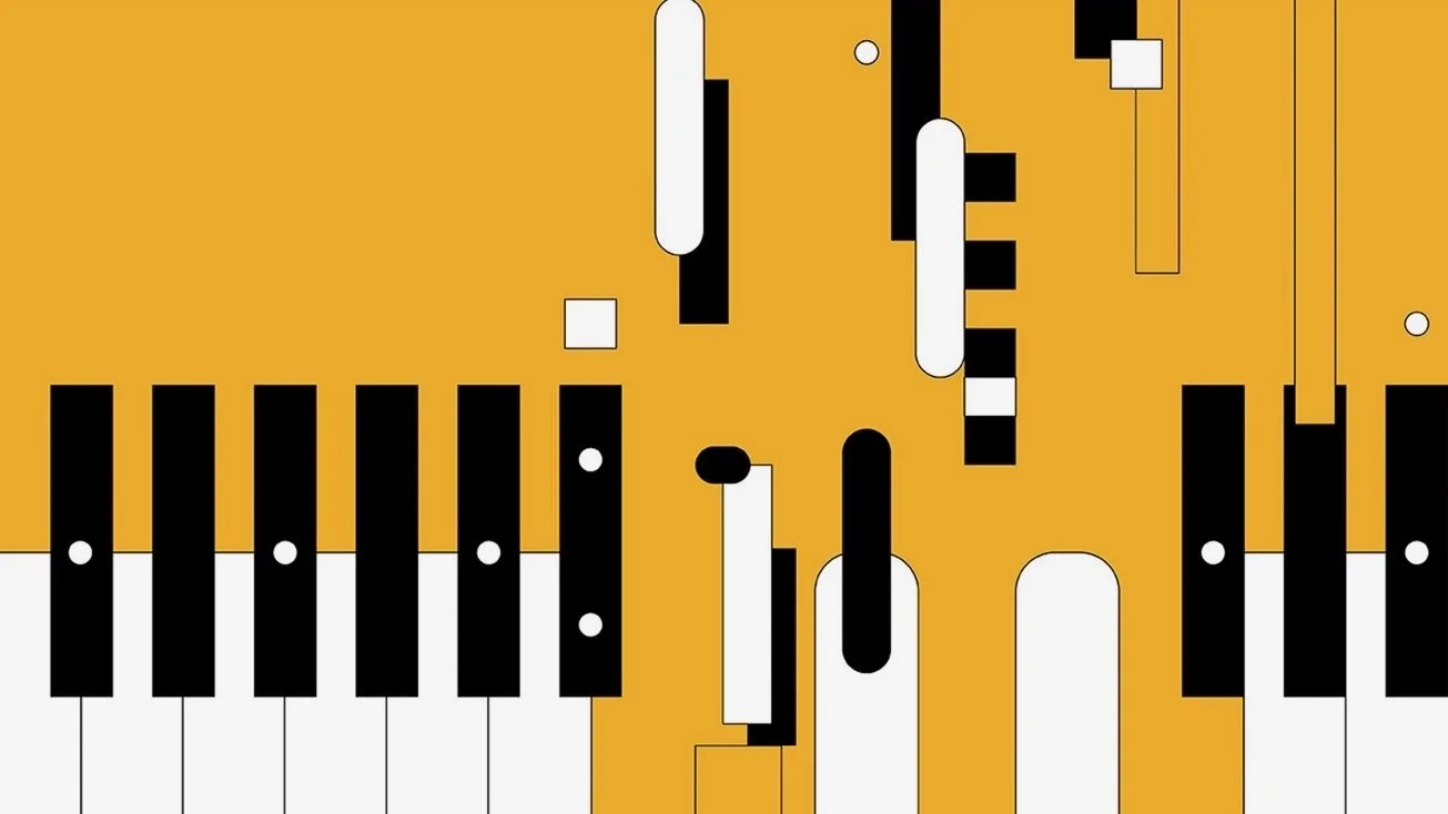 Abstract digital art featuring piano keys and geometric shapes in black, white, and gold colors.