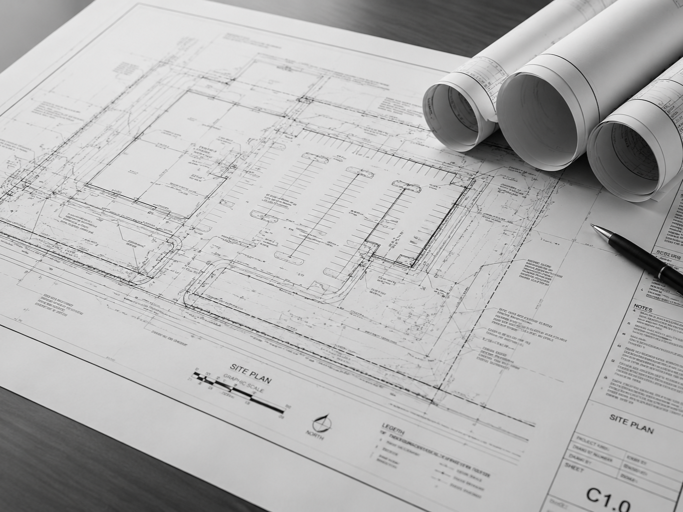 Architectural site plan with rolled blueprints and a pen on a wooden surface.